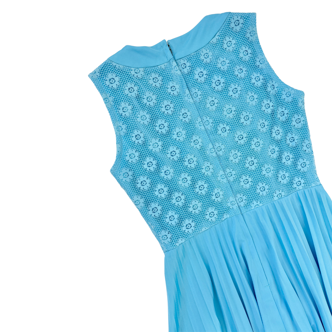 House of Nu Mode Baby Blue Floral Lace Dress with Pleated Skirt | Small