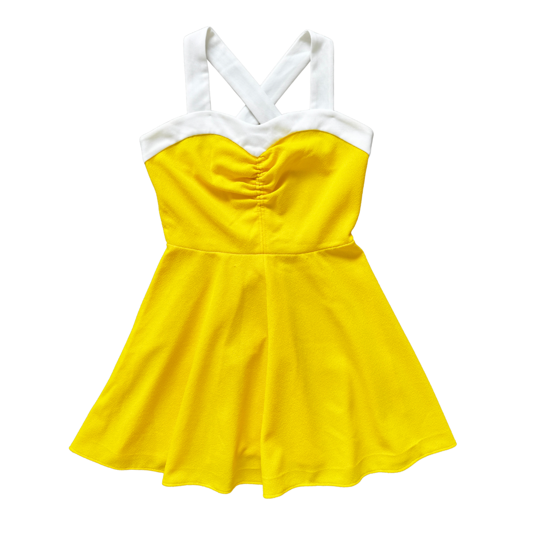 Vintage 70s Neon Yellow Fortrel Cross Strap Mini Dress | Extra-Small