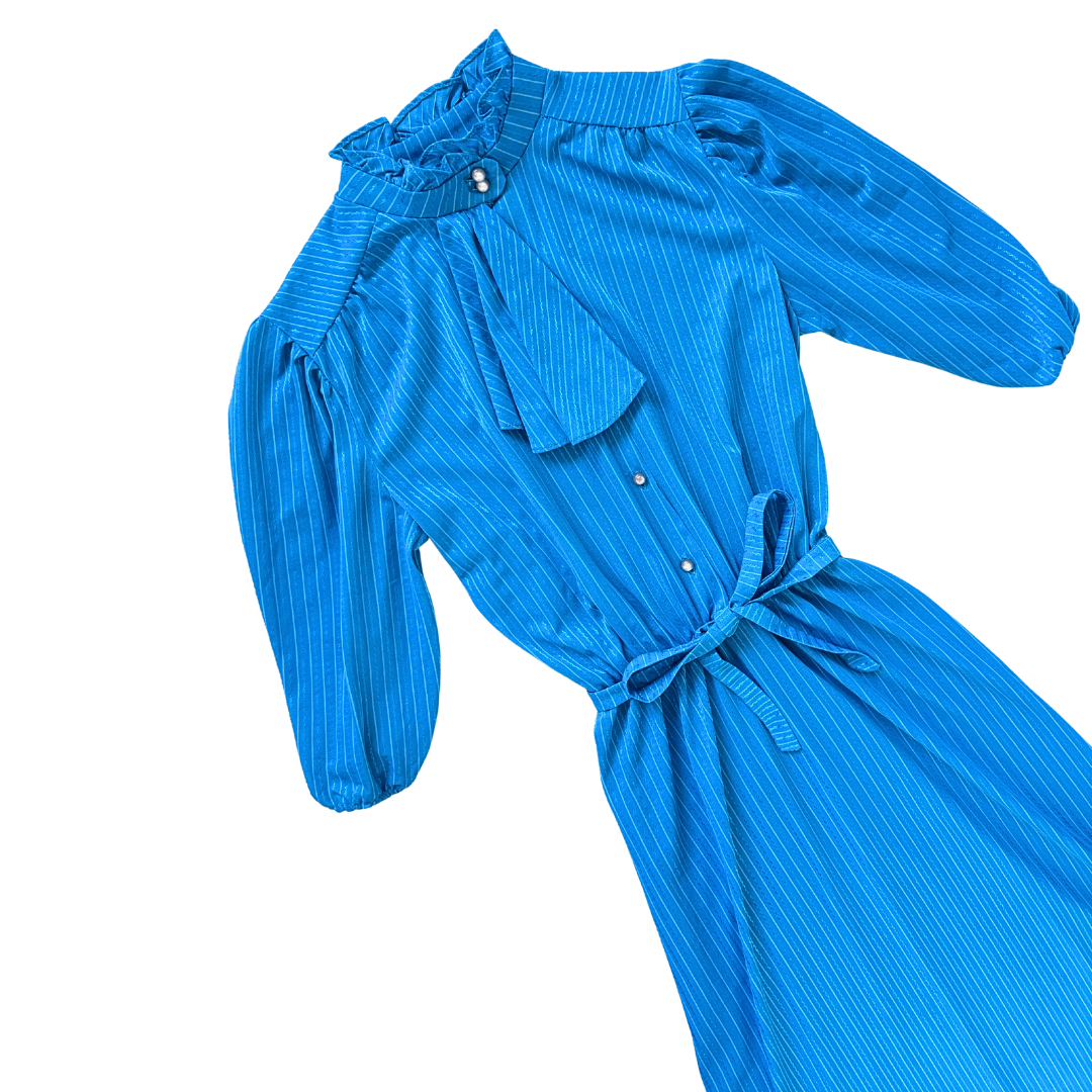 Bright Blue Ruffle Collared Dress with Faux Scarf | Extra-Small