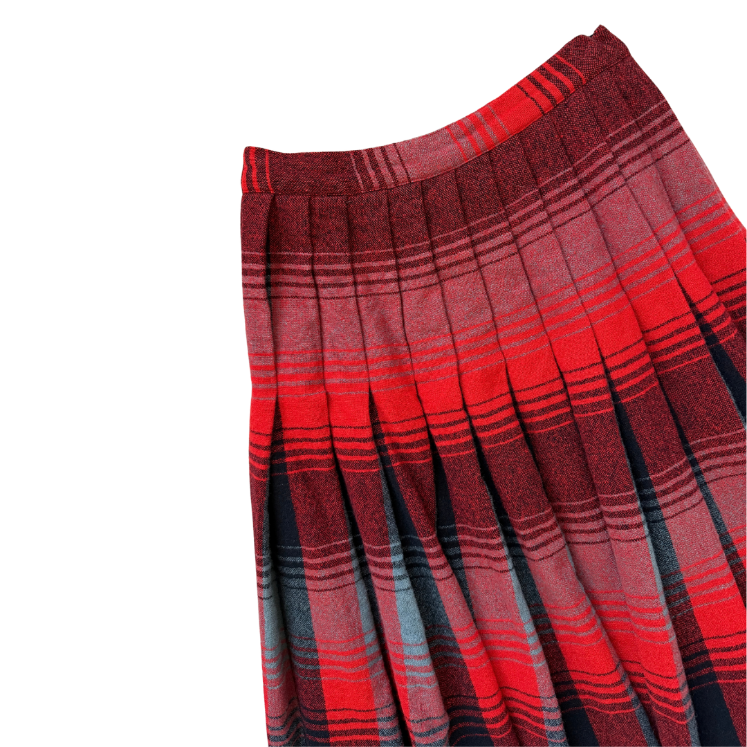 Reversible Black and Red Plaid Pleated Wool Midi Skirt | Extra-Small