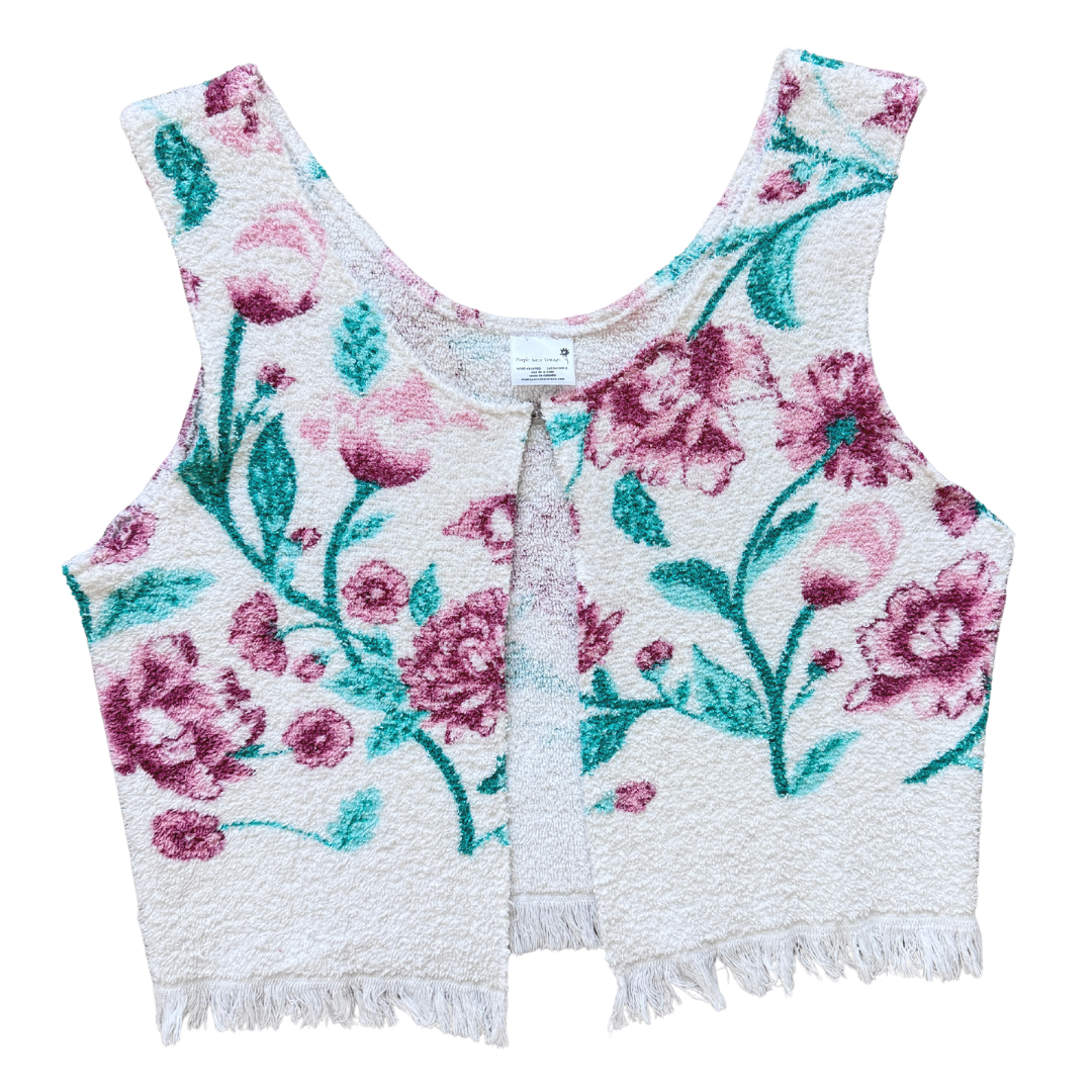 Recycled Vintage White Towel Vest with Pink Floral Print | Medium-Large