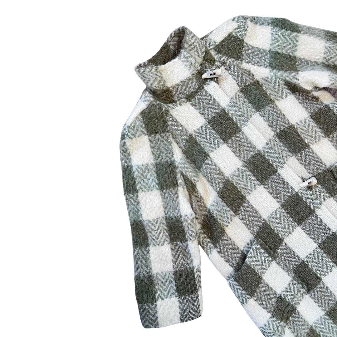Linda Lundstrom Sport Green and Cream Plaid Brushed Wool Coat | Medium - Large (Long)
