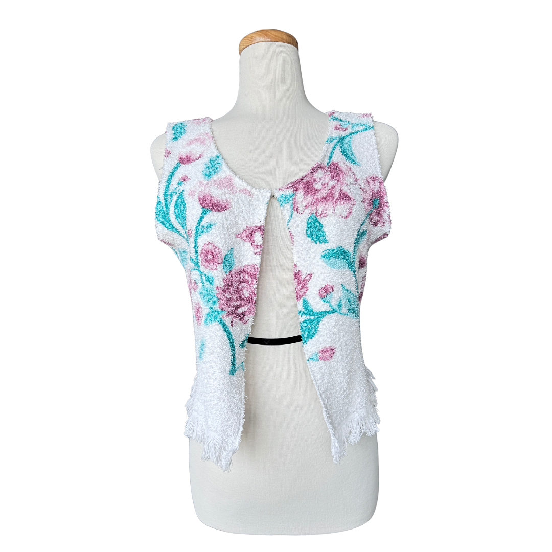 Recycled Vintage White Towel Vest with Pink Floral Print | Medium-Large