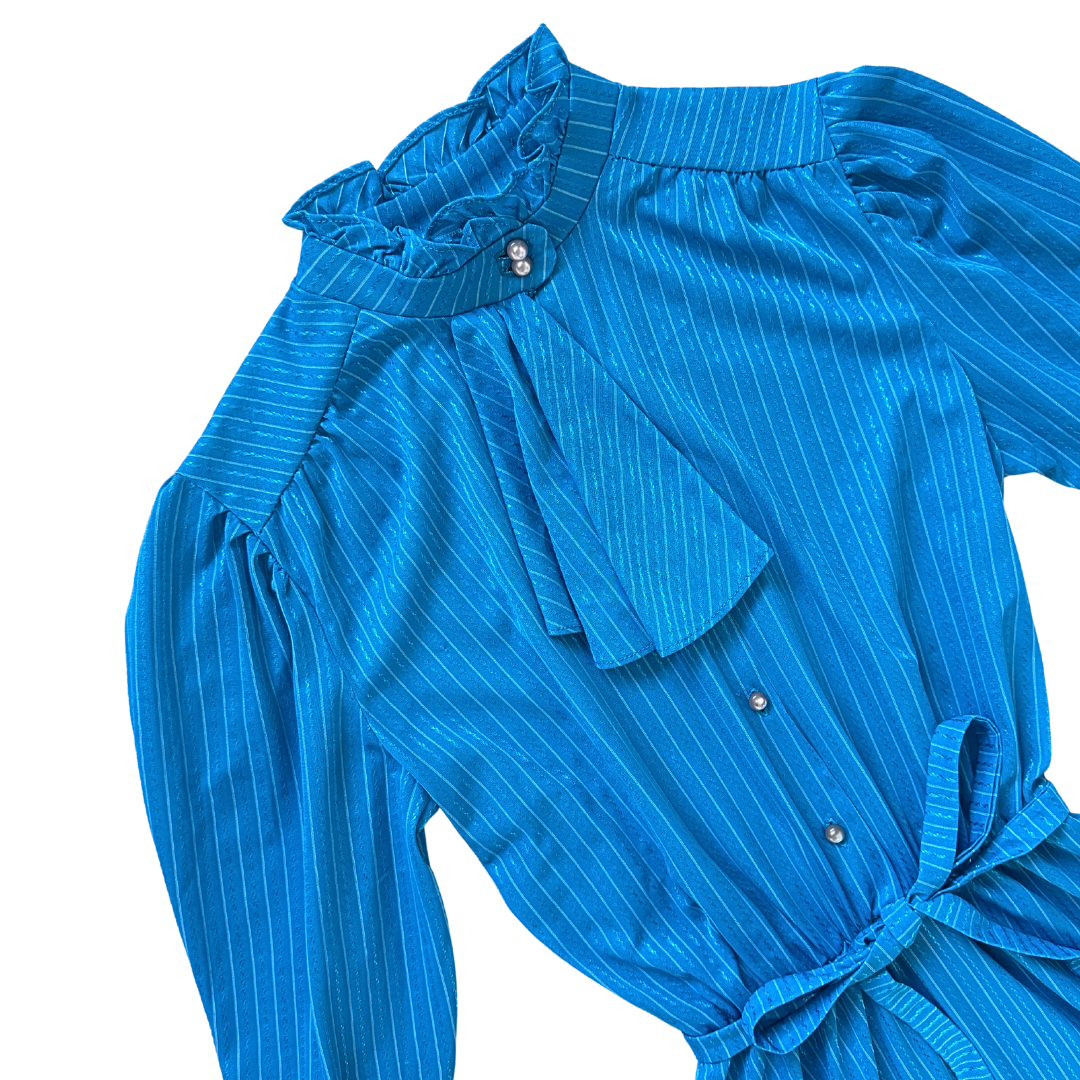 Bright Blue Ruffle Collared Dress with Faux Scarf | Extra-Small