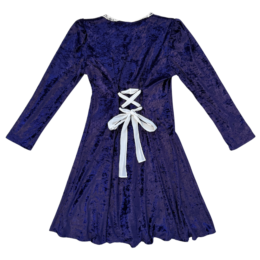 Royal Purple Velvet Dress with Lace Trim Collar | Extra-Small