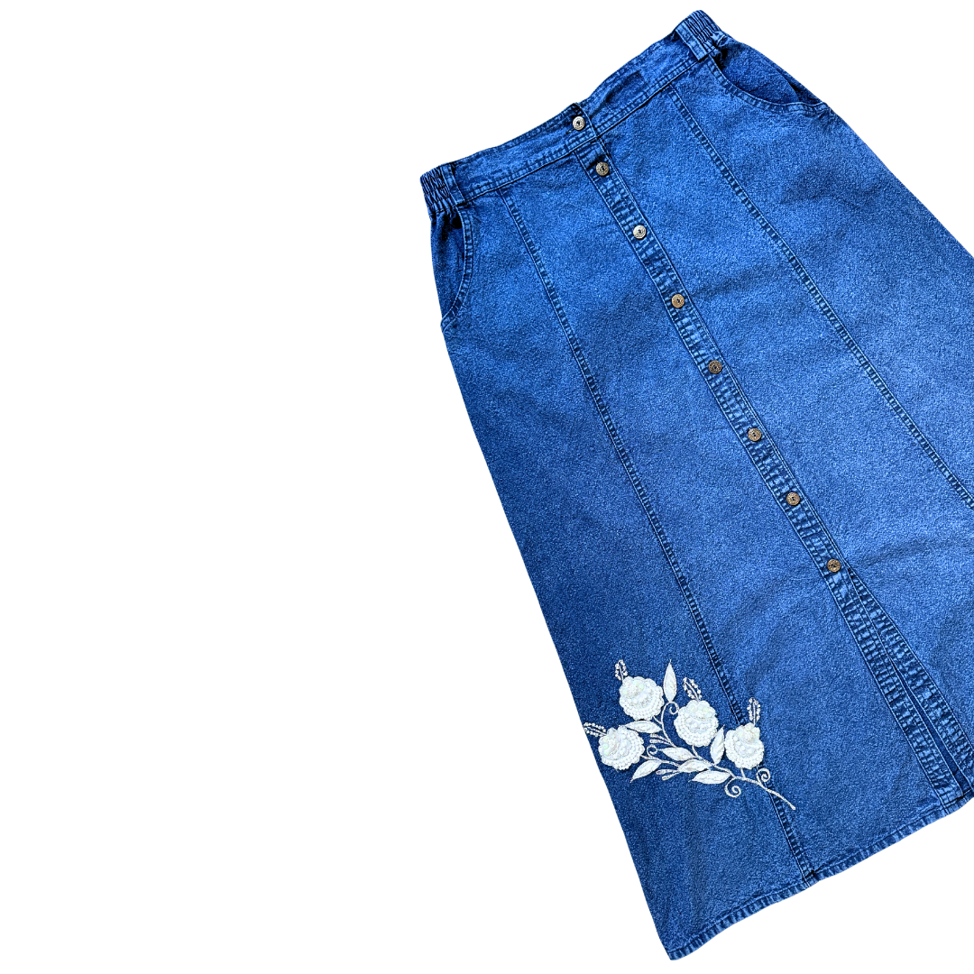 Jazzino Dark Denim Skirt with Pearl Floral Applique | Medium-Large