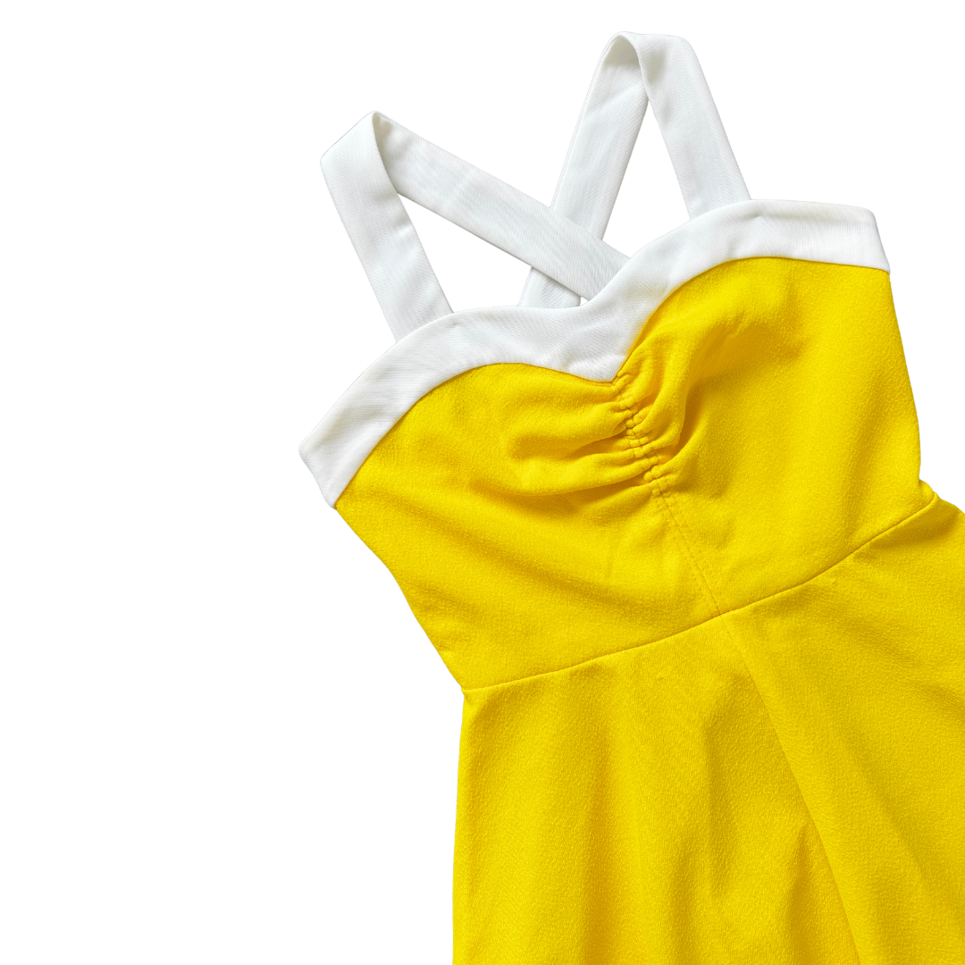 70s Neon Yellow Fortrel Cross Strap Mini Dress | Extra-Small