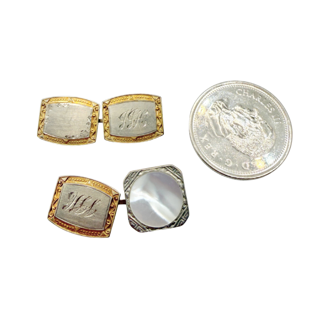 Antique 20s Parks Bros. and Rogers Gold and Sterling Silver Cuff Links with Mother of Pearl