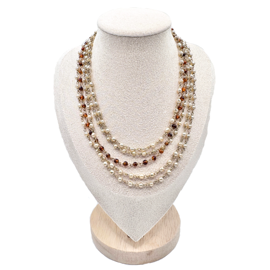 Faux Pearl and Tiger's Eye Layered Rosary Chain Necklace