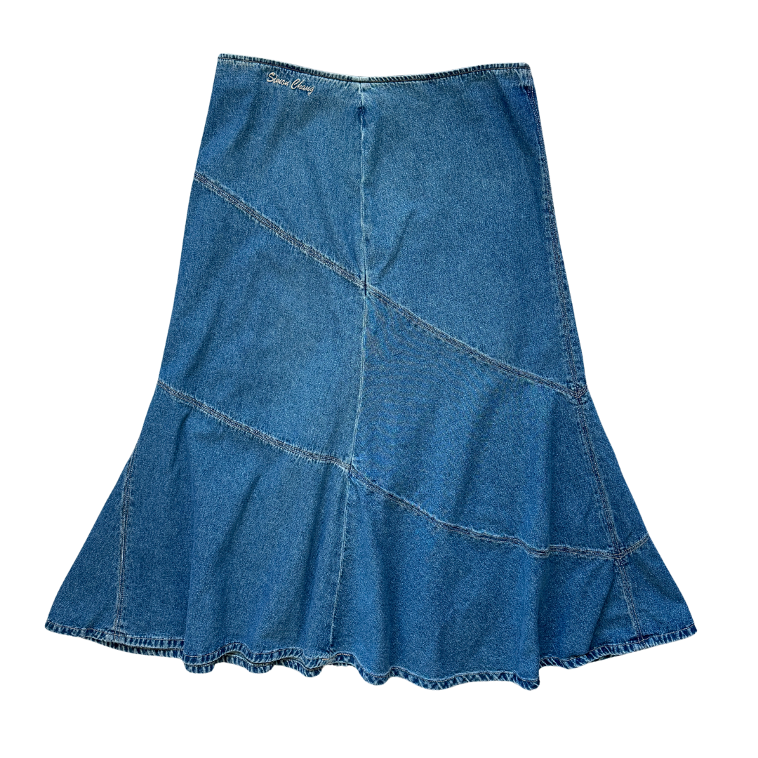 Vintage 2000s Y2K Simon Chang Ruffled Denim Midi Skirt | Large