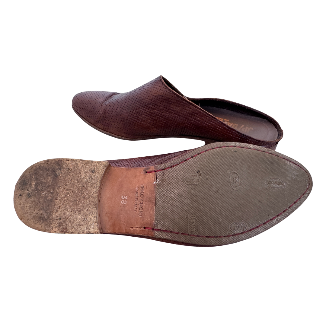 JP/David Brown Leather Pointed Toe Slip on Mules | 38 (Women's size 8)