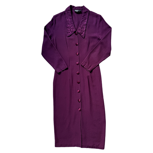 Vintage 1980s Dawn Joy Fashions Plum Dress with Oversized Embroidered Collar | Medium