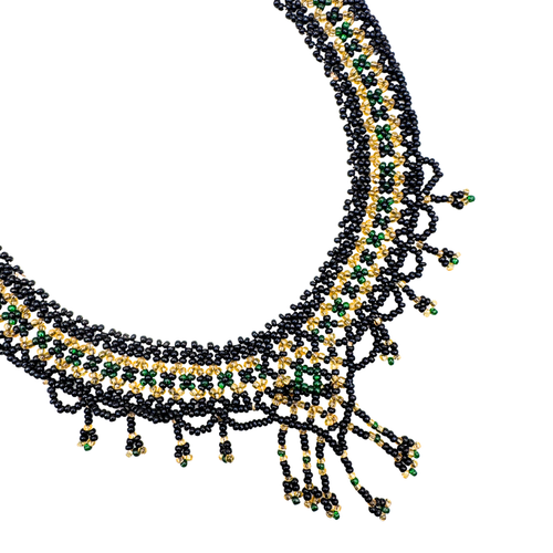 Black Green and Yellow Beaded Fringe Statement Necklace