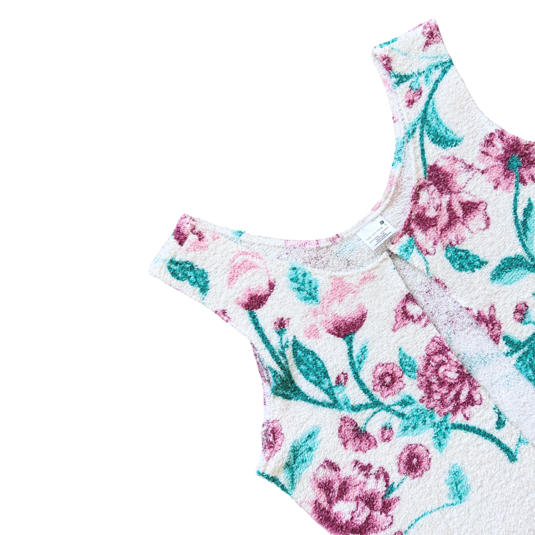 Recycled Vintage White Towel Vest with Pink Floral Print | Medium-Large