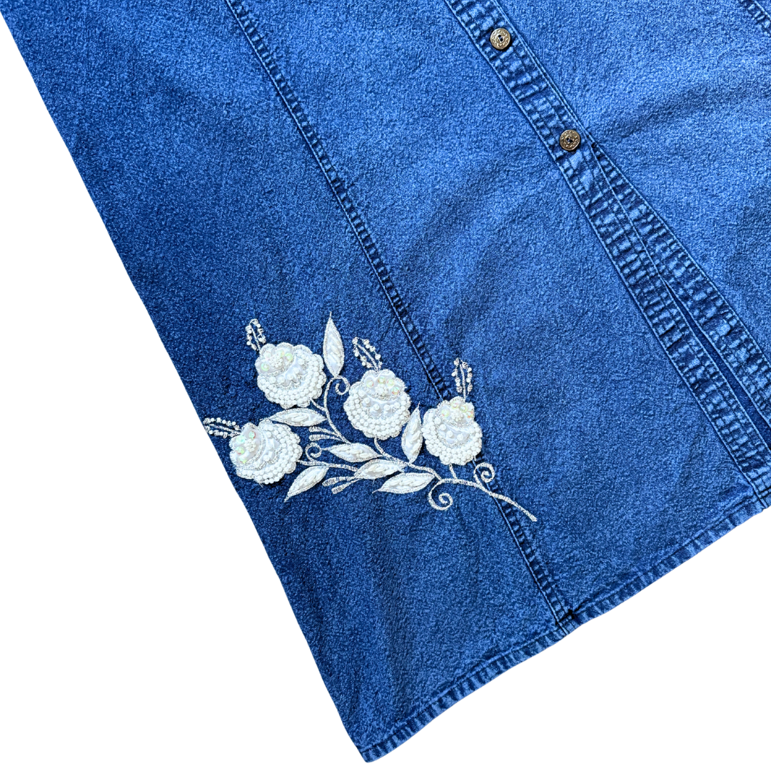 Jazzino Dark Denim Skirt with Pearl Floral Applique | Medium-Large