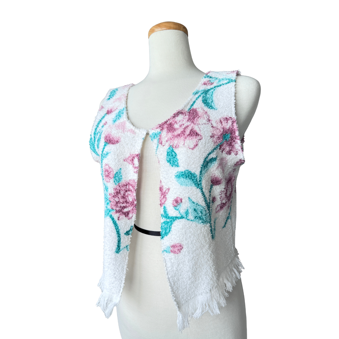 Recycled Vintage White Towel Vest with Pink Floral Print | Medium-Large