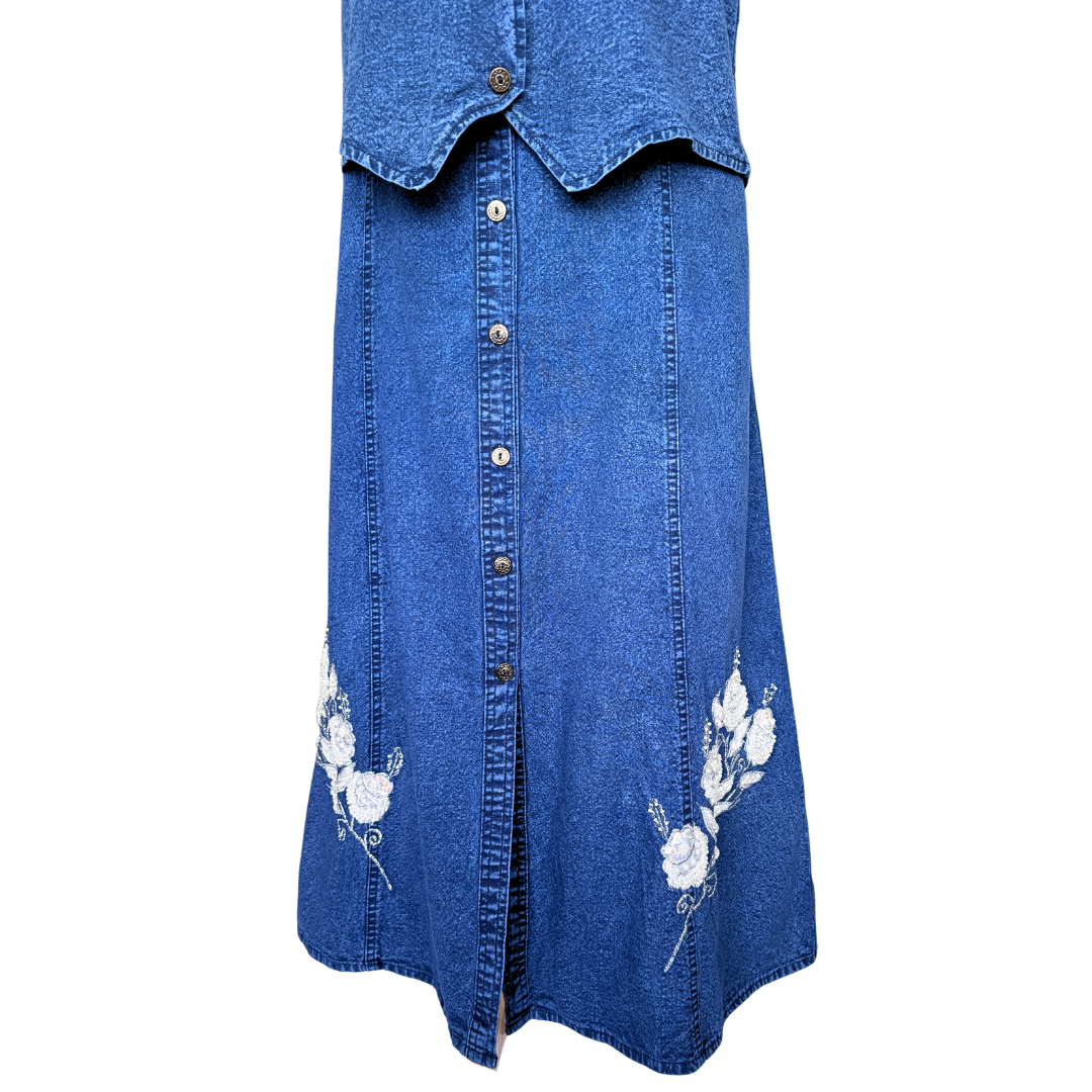 Jazzino Dark Denim Skirt with Pearl Floral Applique | Medium-Large
