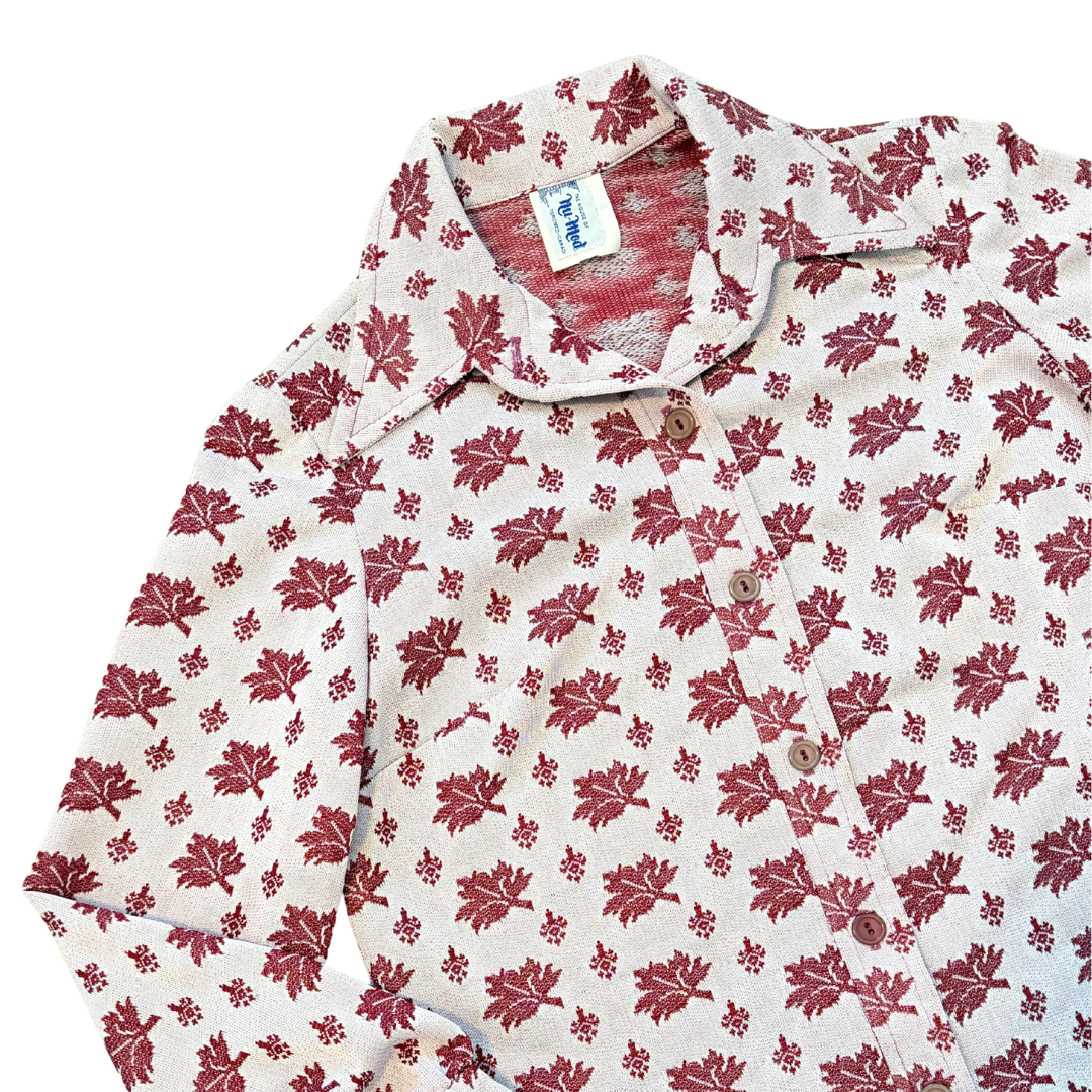 House of Nu Mode Red Leaf Print Button Down Shirt | Small