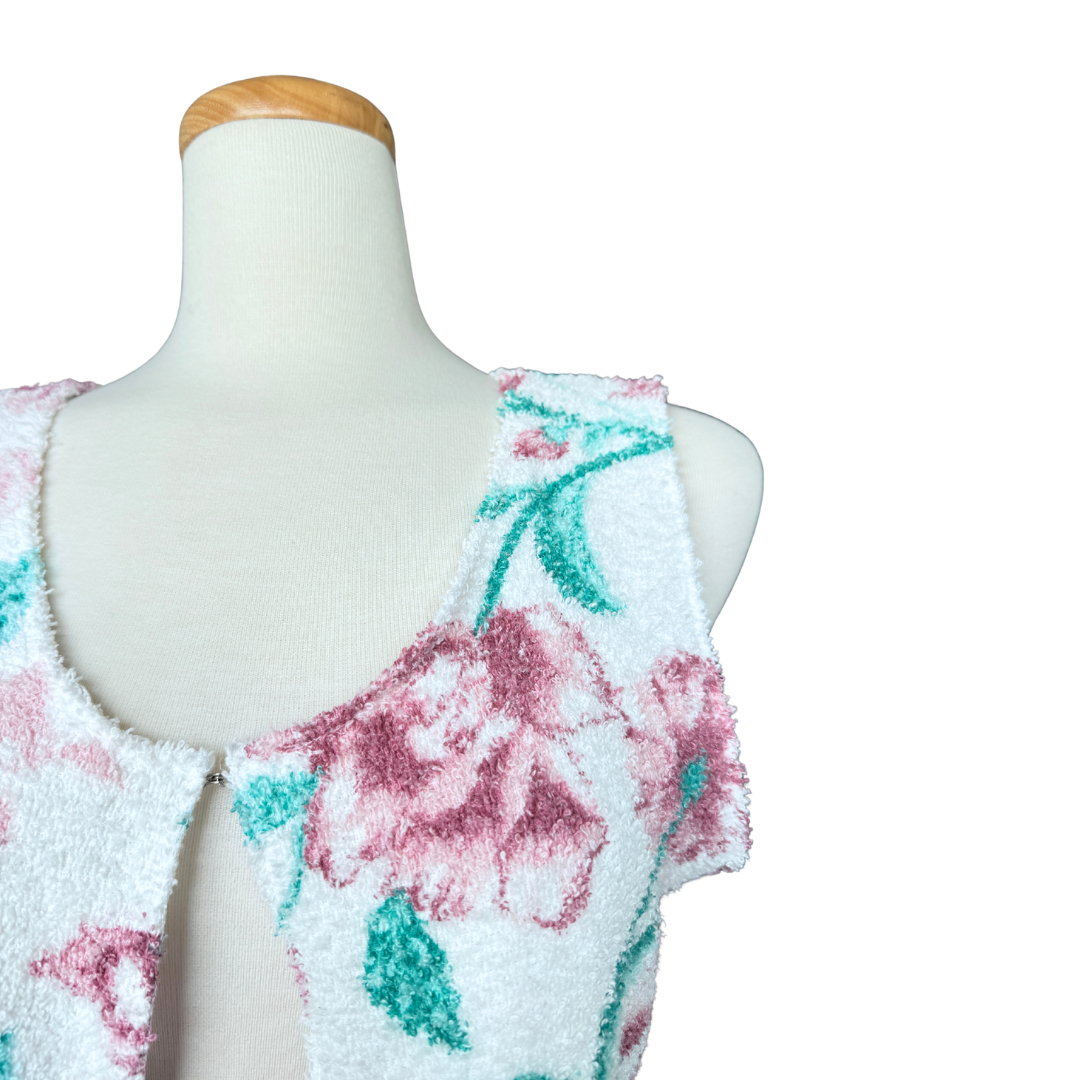 Recycled Vintage White Towel Vest with Pink Floral Print | Medium-Large
