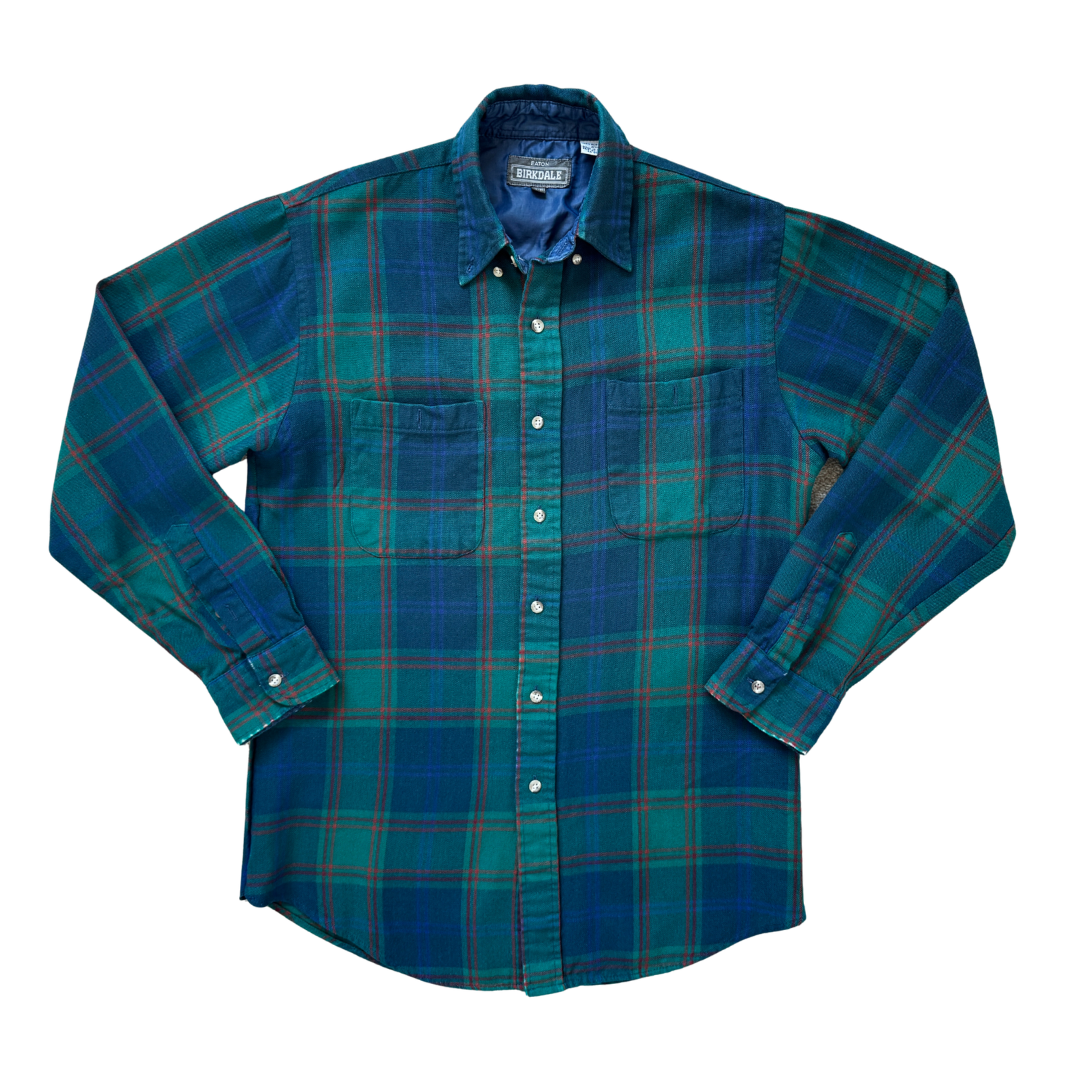Vintage 80s-90s Eaton Birkdale Blue and Green Plaid Button Down Shirt | Small - Medium
