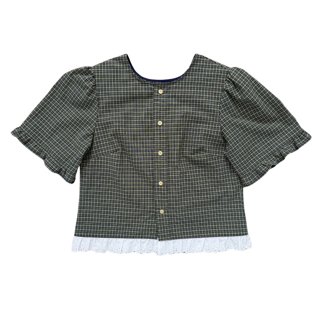 Up-Cycled Navy and Green Plaid Ruffled Blouse | Small - Medium