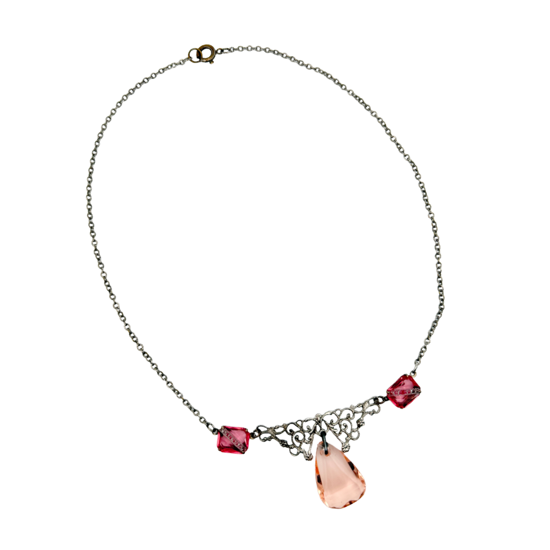 Antique 1920s Art Deco Peach Teardrop Necklace with Marcasite