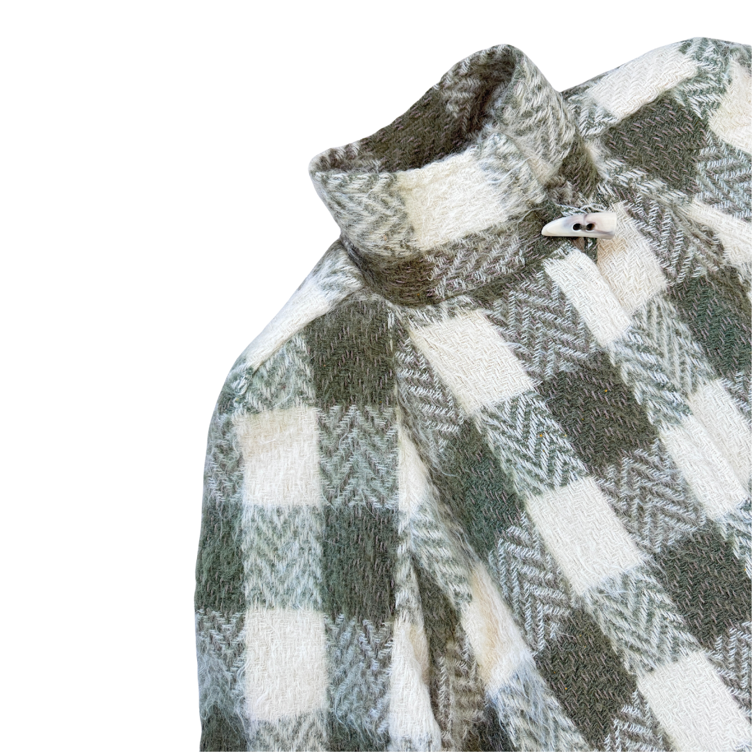 Linda Lundstrom Sport Green and Cream Plaid Brushed Wool Coat | Medium - Large (Long)