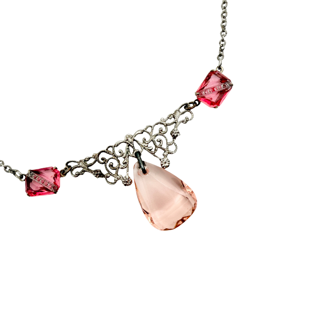 Antique Art Deco Peach Teardrop Necklace with Marcasite