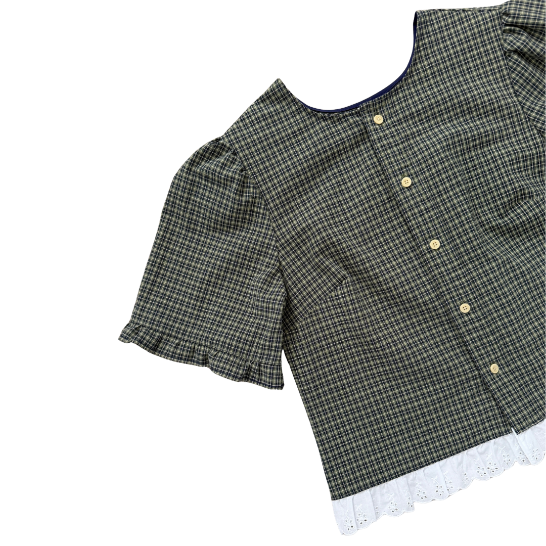 Up-Cycled Navy and Green Plaid Ruffled Blouse | Small - Medium