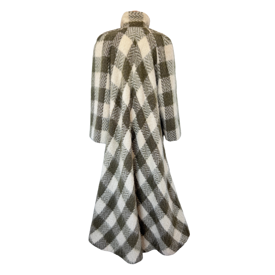 Linda Lundstrom Sport Green and Cream Plaid Brushed Wool Coat | Medium - Large (Long)