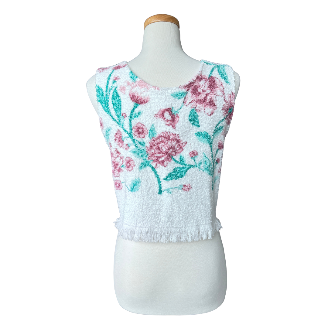 Recycled Vintage White Towel Vest with Pink Floral Print | Medium-Large