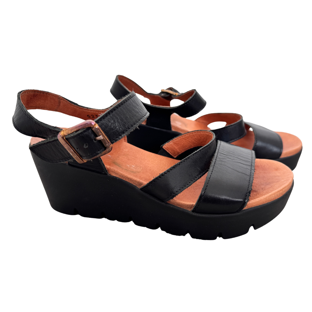 Bos. & Co. Black Leather Wedge Heel Sandals | 38 (Women's 8)