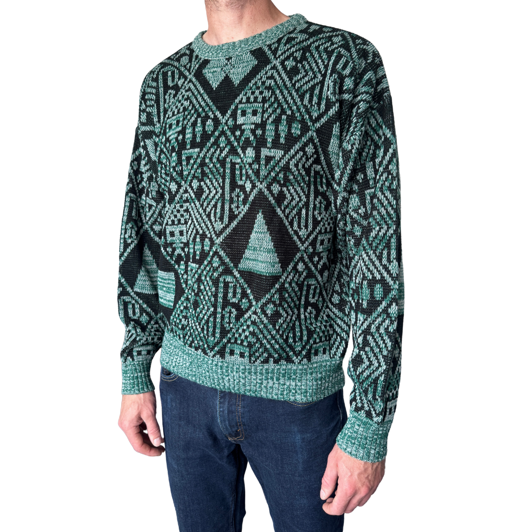 Men's Oscar De La Renta Green and Black Abstract Sweater | Large
