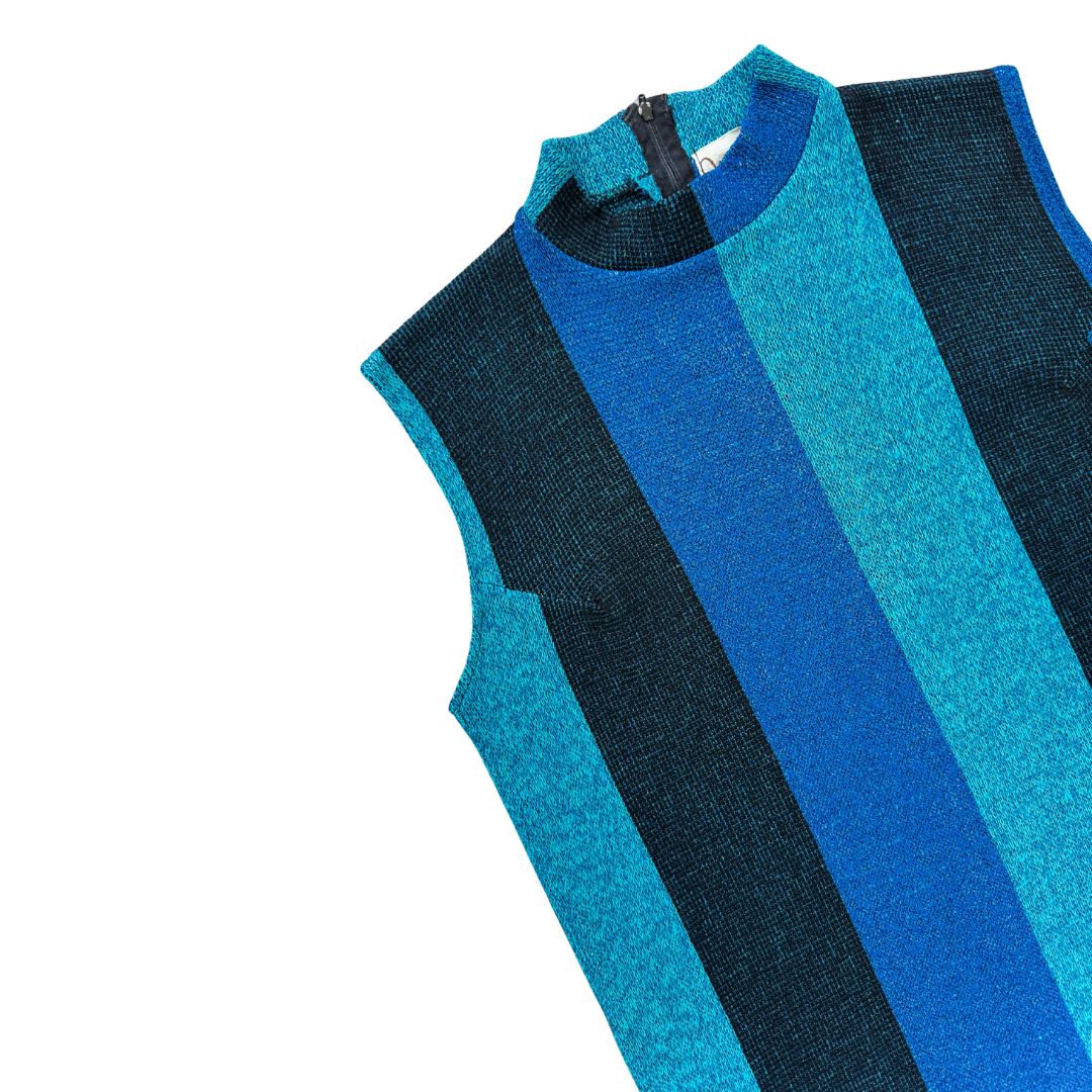 Miss Casual London Blue and Black Metallic Striped Knit Dress | Small - Medium