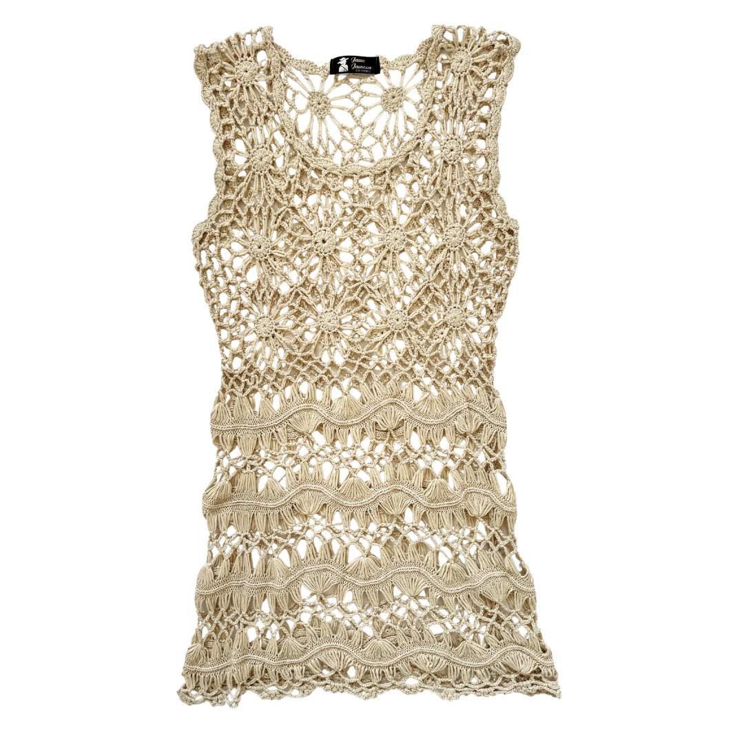 Vintage Jeune Jeunesses Beige Floral Crochet Dress | Extra-Small / Small