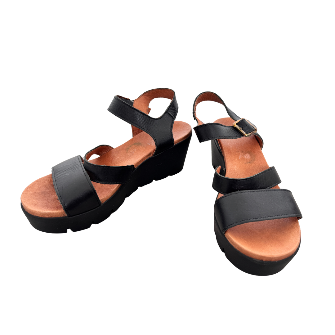 Bos. & Co. Black Leather Wedge Heel Sandals | 38 (Women's 8)