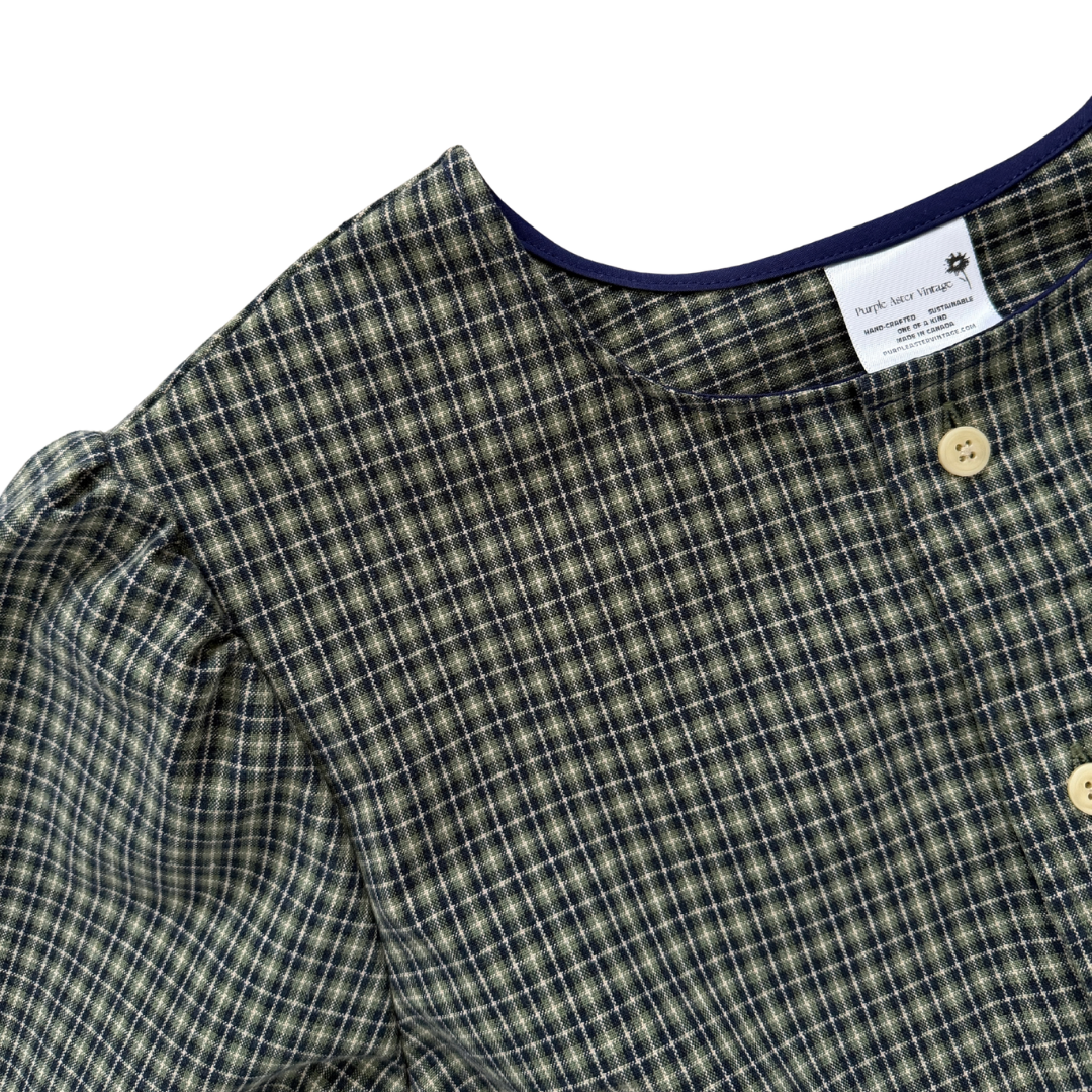 Up-Cycled Navy and Green Plaid Ruffled Blouse | Small - Medium