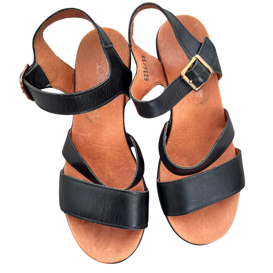 Bos. & Co. Black Leather Wedge Heel Sandals | 38 (Women's 8)