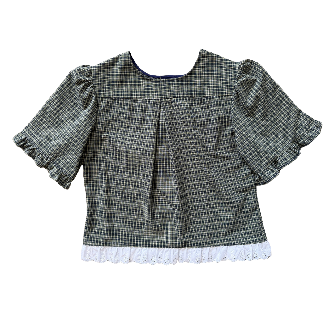 Up-Cycled Navy and Green Plaid Ruffled Blouse | Small - Medium