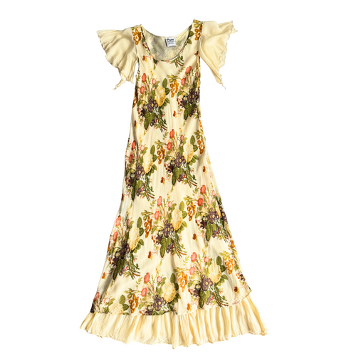 Vintage 1990s Pale Yellow Floral Maxi Dress with Sheer Sleeves | Extra-Small / Small