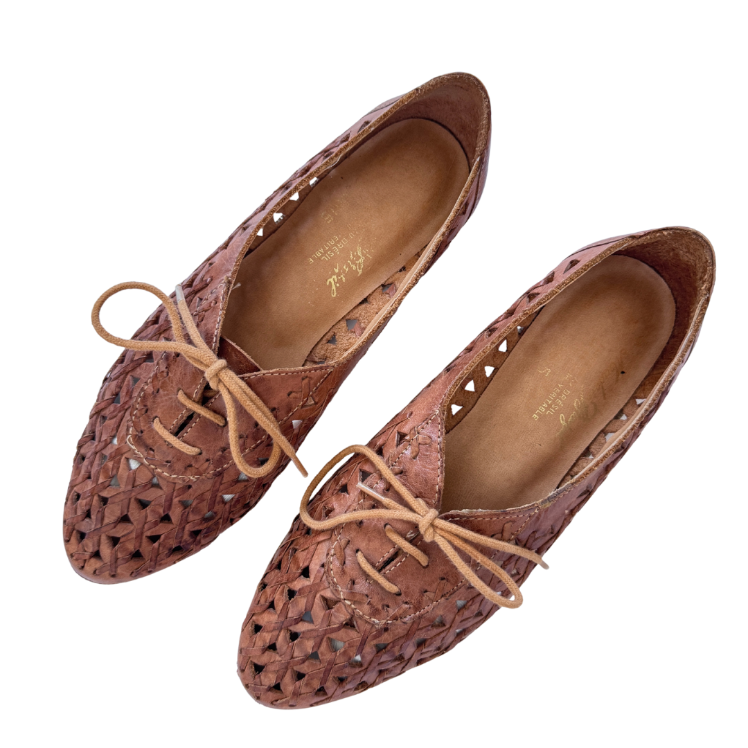 Tan Leather Lace-up Huarache Shoes | 7