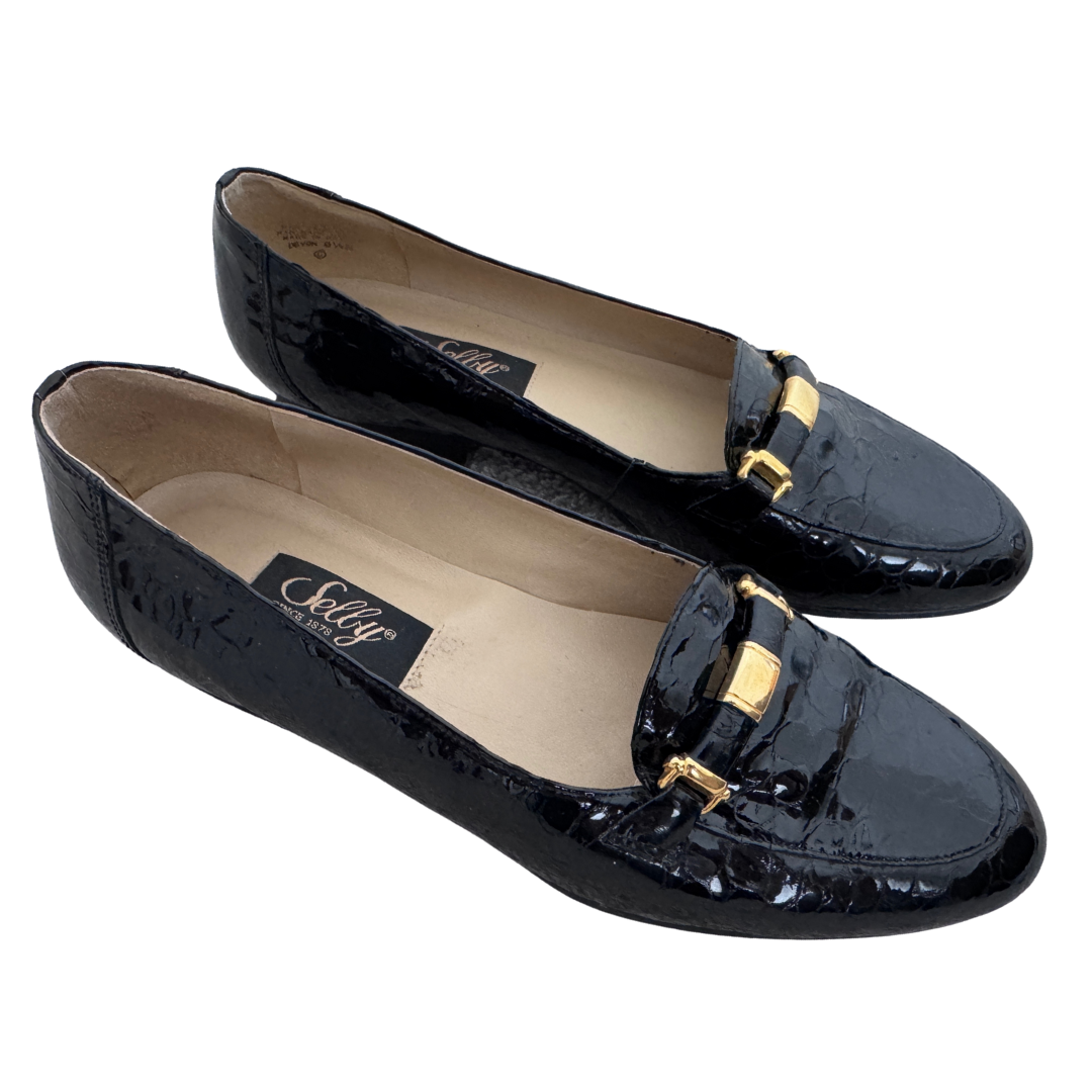 Vintage 1980s-1990s Selby Black Patent Alligator Print Leather Loafers  | Size 8 1/2