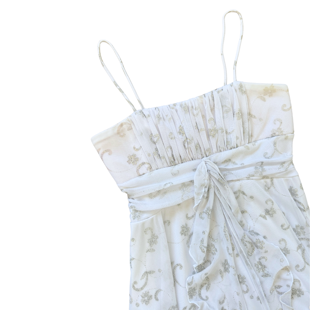 Mariposa White Babydoll Dress with Silver Sparkle Flowers | Extra-Small