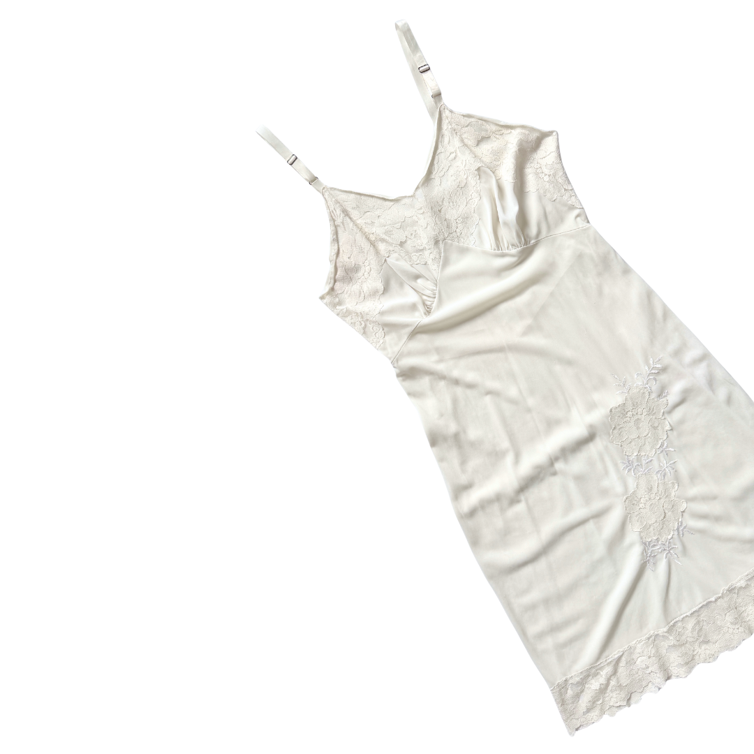 White Floral Applique Slip Dress with Lace Trim | Extra-small / Small