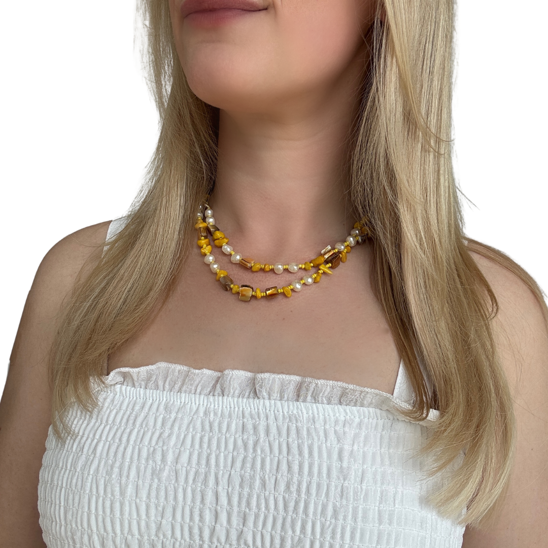 Upcycled Yellow and Pearl Mixed Beaded Necklace