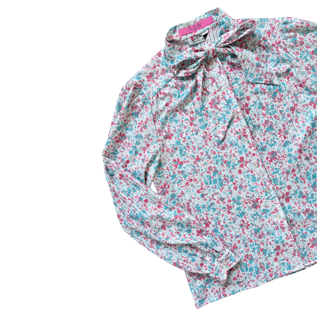 D'Allaird's Green and Red Floral Bow Collar Blouse | Small-Medium