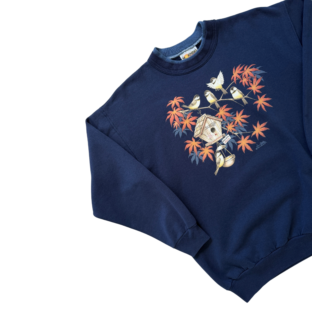 Morning Sun Navy Chickadee Graphic Sweatshirt | Large