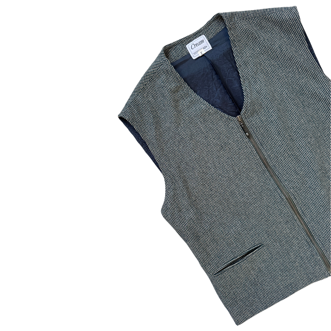 Cream Black and Beige Wool Blend Checkered Vest | Small-Medium