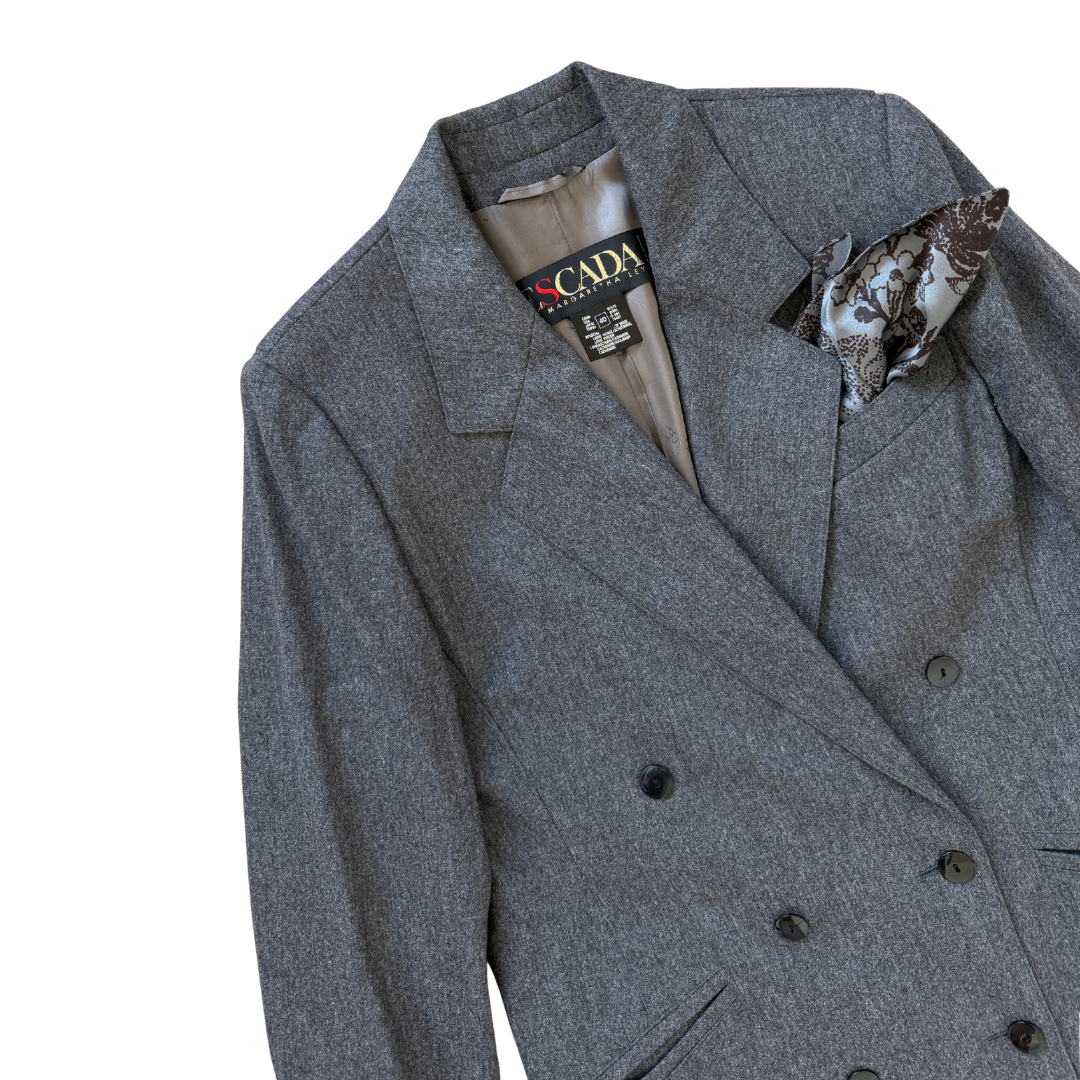Escada Dark Grey Marled Wool and Cashmere Long Suit Jacket | 40 (Large)