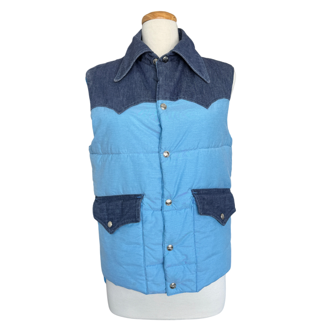 Sprung Blue Puffer Vest with Denim Details | Medium